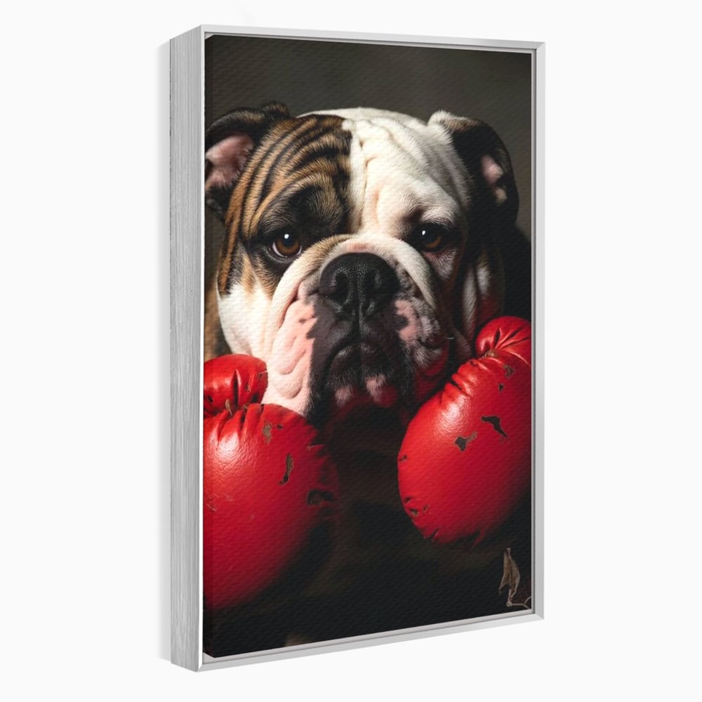 Tablou canvas cu tablou canvas cu bulldog in manusi de box, in rama de aluminiu argintiu